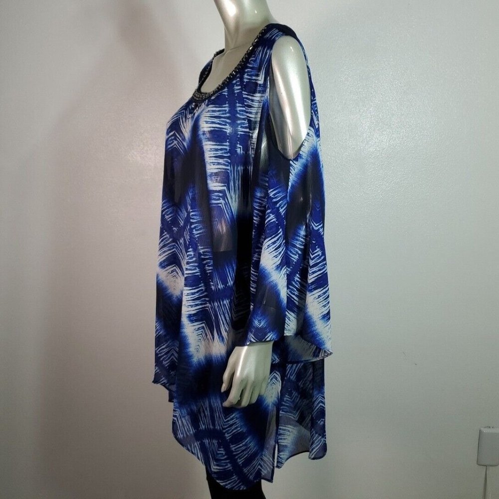 Catherines‎ Top Plus Size 3X 26/28W Tunic Cold Shoulder Sheer Beaded Blue - Picture 3 of 6